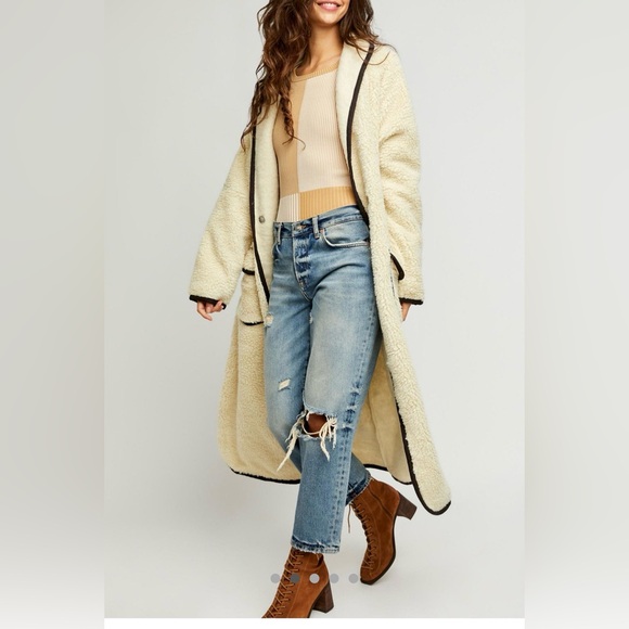 Free People Jackets & Blazers - Free People Cream Teddy Jacket with Black Trim